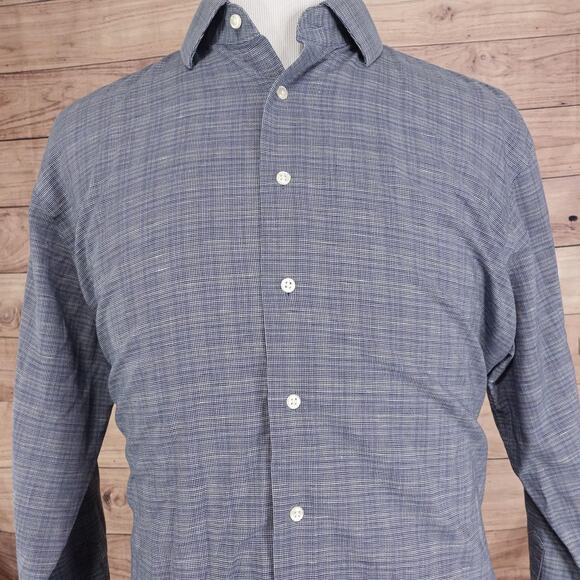 Nordstrom Shirt Mens 17.5 Blue Non Iron Trim Fit Plaid Dress Long Sleeve - Picture 1 of 9